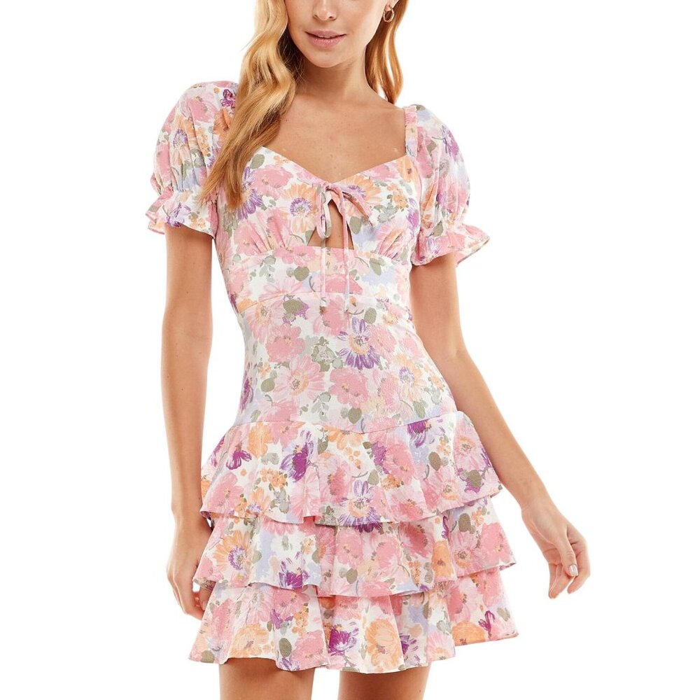 NWT City Studios Juniors Tiered Tie-Bodice Dress Pink Multi 3